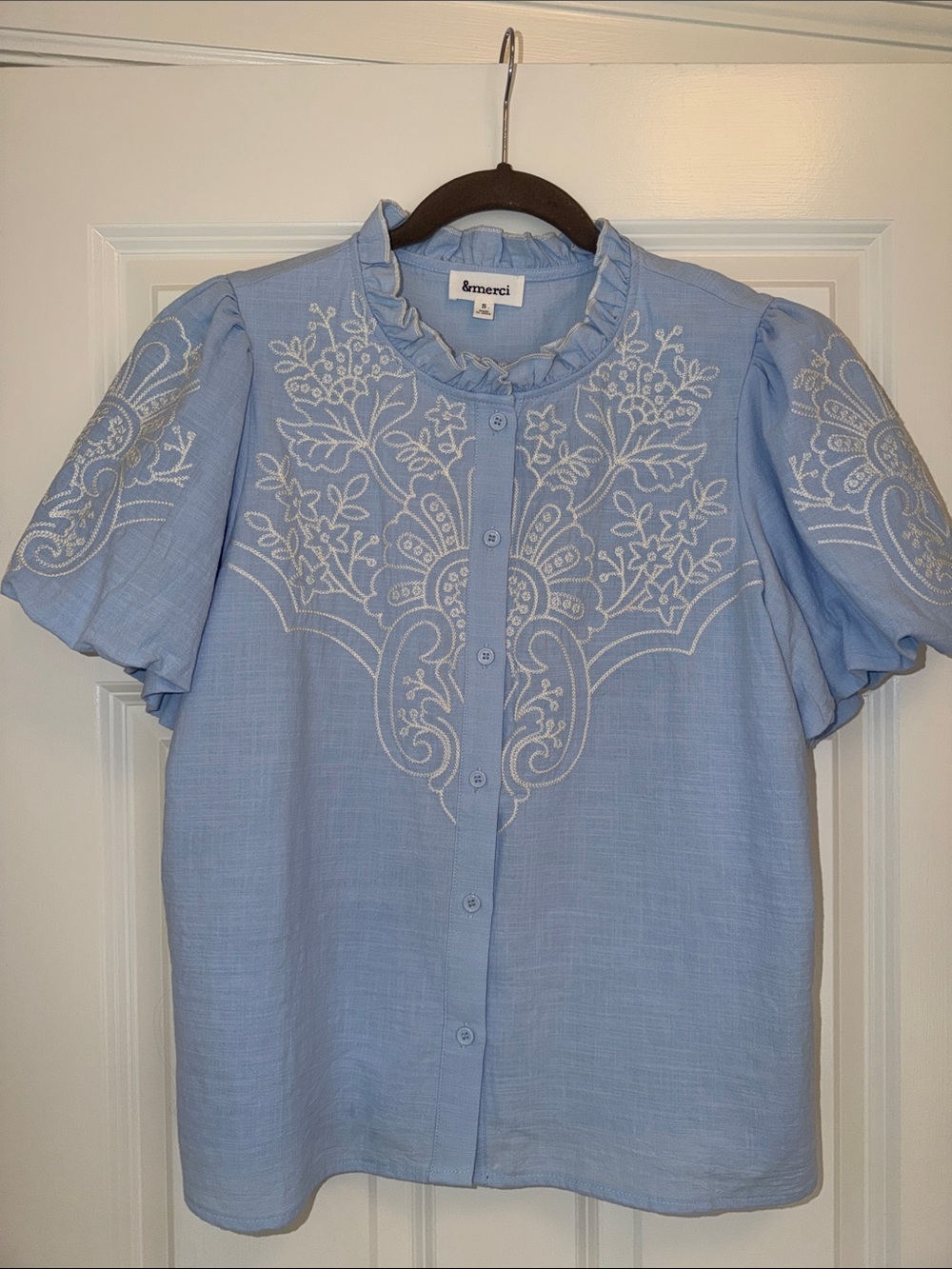 &merci Light Blue Embroidered Ruffle-Neck Button Front Blouse